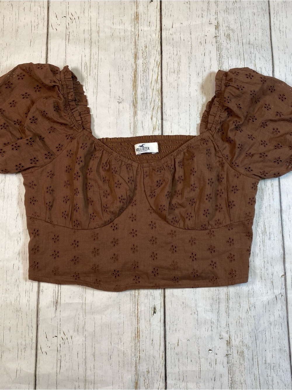 Hollister Eyelet Puff Sleeve Smocked Crop Top